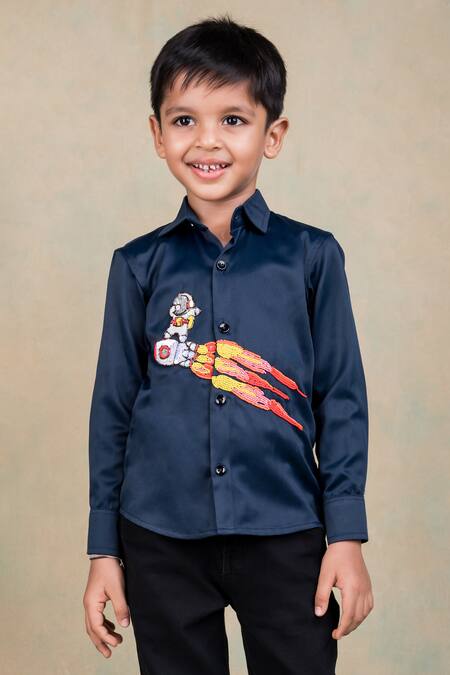Toplove_Blue Cotton Beads, Sequins Navy Rocket Embroidered Shirt _Online_at_Aza_Fashions
