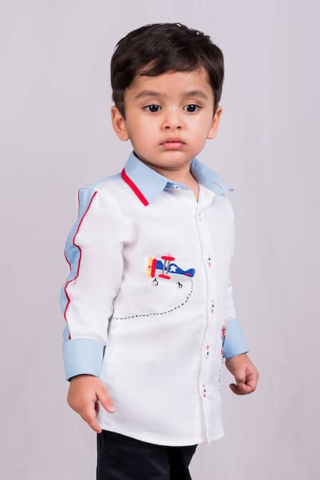 Shop Toplove White Cotton Embroidery Fly High Aeroplane Shirt at Aza Fashions Shop_Toplove_White Cotton Embroidery Fly High Aeroplane Shirt _at_Aza_Fashions