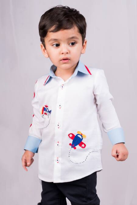 Buy Toplove White Cotton Embroidery Fly High Aeroplane Shirt Online at Aza Fashions Buy_Toplove_White Cotton Embroidery Fly High Aeroplane Shirt _Online_at_Aza_Fashions