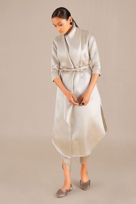 Ampm_Silver Tissue Cowl Neck Tunic And Dhoti Pant Set_Online_at_Aza_Fashions