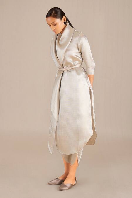 Buy_Ampm_Silver Tissue Cowl Neck Tunic And Dhoti Pant Set_Online_at_Aza_Fashions