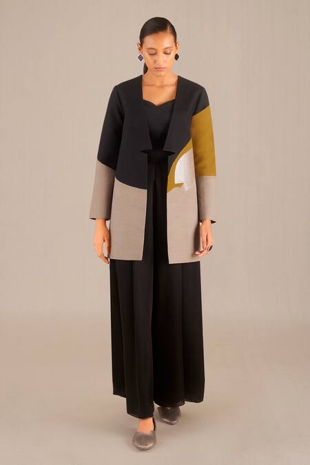 AMPM Black Chanderi70 Plain Shawl Collar Anisah Colorblock Jacket 