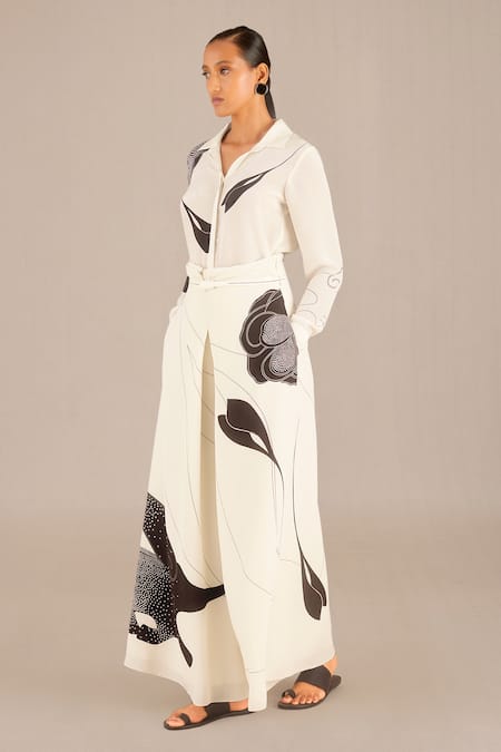 Ampm_Ivory Crepe, Rayon Embroidery Collared Reem Shirt And Palazzo Set _Online_at_Aza_Fashions