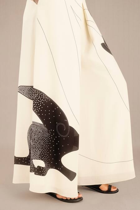 Shop_Ampm_Ivory Crepe, Rayon Embroidery Collared Reem Shirt And Palazzo Set _Online_at_Aza_Fashions