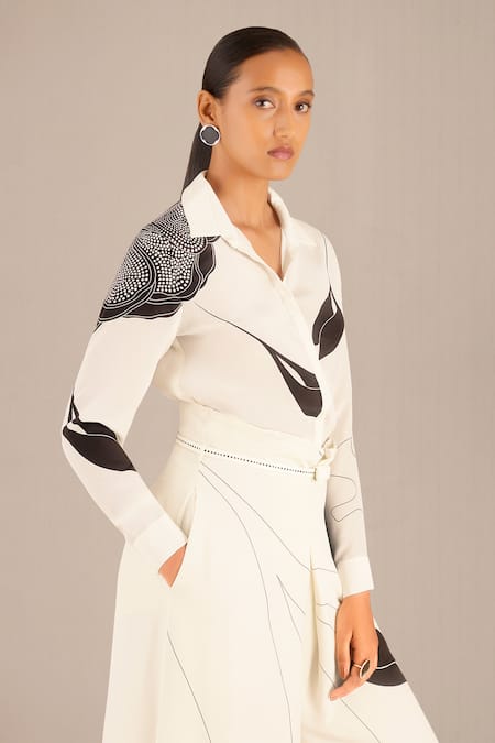 Ampm_Ivory Crepe, Rayon Embroidery Collared Reem Shirt And Palazzo Set _at_Aza_Fashions