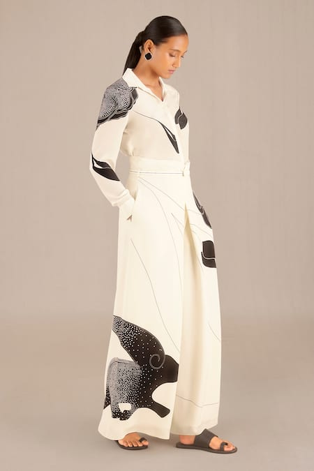 Shop_Ampm_Ivory Crepe, Rayon Embroidery Collared Reem Shirt And Palazzo Set 