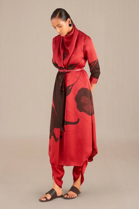 Shop_Ampm_Red Organza, Satin Embroidery Cowl Neck Yusra Tunic And Dhoti Pant Set_Online_at_Aza_Fashions