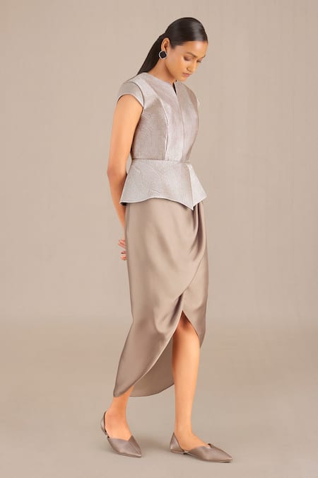 Ampm_Silver Tissue Collared Esme Woven Peplum Jacket_Online_at_Aza_Fashions