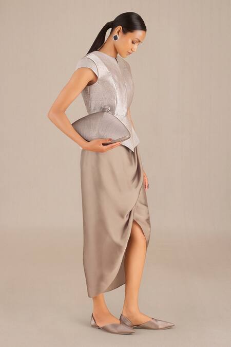 Buy_Ampm_Silver Tissue Collared Esme Woven Peplum Jacket_Online_at_Aza_Fashions