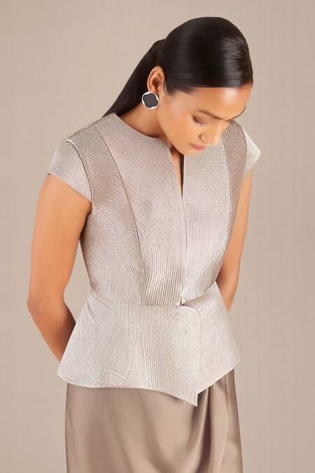 Shop_Ampm_Silver Tissue Collared Esme Woven Peplum Jacket_Online_at_Aza_Fashions