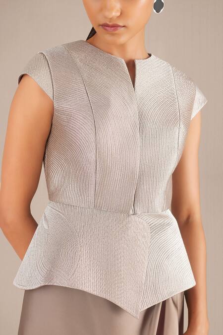 Ampm_Silver Tissue Collared Esme Woven Peplum Jacket_at_Aza_Fashions