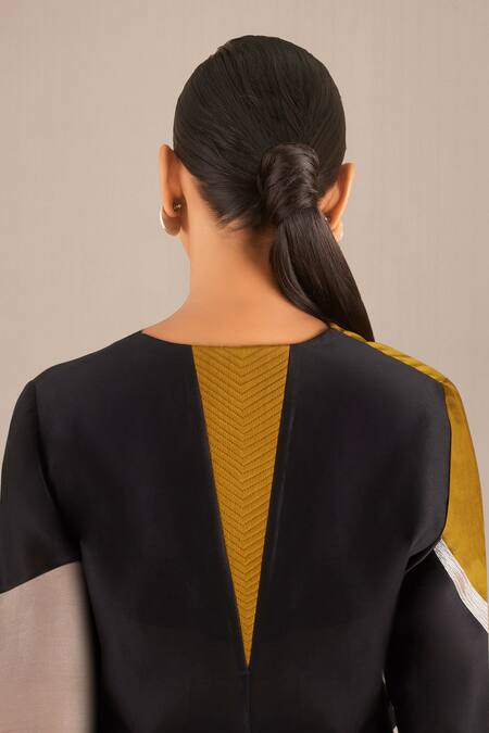 Shop_Ampm_Black Chanderi Embroidery V-neck Kaafiya Asymmetric Tunic And Palazzo Set_Online_at_Aza_Fashions