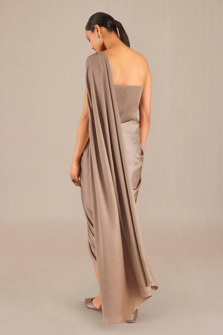 Shop Ampm Grey Cotton Lila Pre-draped Cord Work Saree at Aza Fashions Shop_Ampm_Grey Cotton Lila Pre-draped Cord Work Saree_at_Aza_Fashions