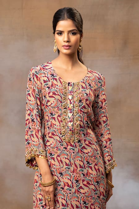 Mehak Murpana Multi Color Crepe Beads, Tassels Round Neck Abstract Print Kurta With Pant Online at Aza Fashions Mehak Murpana_Multi Color Crepe Beads, Tassels Round Neck Abstract Print Kurta With Pant _Online_at_Aza_Fashions
