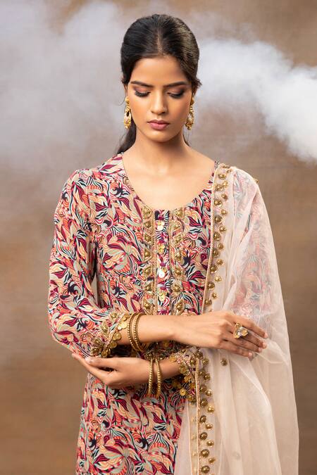 Buy Mehak Murpana Multi Color Crepe, Organza Beads, Tassels Round Abstract Print Kurta Pant Set Online at Aza Fashions Buy_Mehak Murpana_Multi Color Crepe, Organza Beads, Tassels Round Abstract Print Kurta Pant Set _Online_at_Aza_Fashions