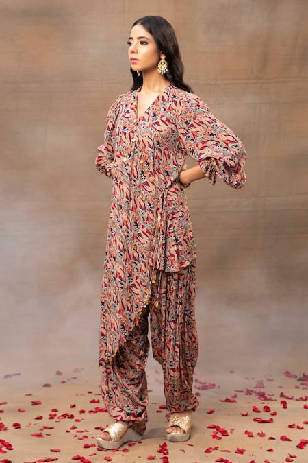 Mehak Murpana Multi Color Crepe Beads, Abstract Print Angarkha Overlap Kurta With Patiala Online at Aza Fashions Mehak Murpana_Multi Color Crepe Beads, Abstract Print Angarkha Overlap Kurta With Patiala _Online_at_Aza_Fashions