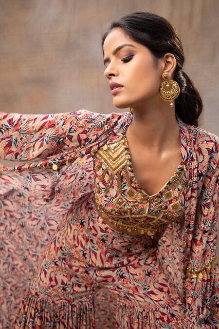 Shop Mehak Murpana Multi Color Crepe Beads, Tassels, Embroidery Sequin Embellished Blouse Cape Set Online at Aza Fashions Shop_Mehak Murpana_Multi Color Crepe Beads, Tassels, Embroidery Sequin Embellished Blouse Cape Set _Online_at_Aza_Fashions