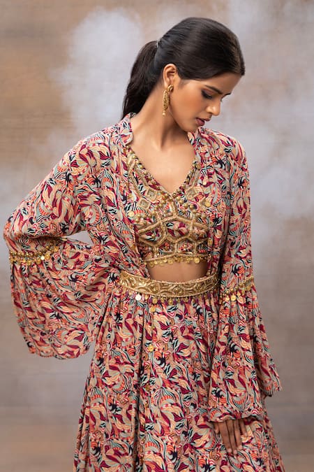 Buy Mehak Murpana Multi Color Crepe Sequins, Beads, Tassels V-neck Embroidered Blouse Lehenga Set Online at Aza Fashions Buy_Mehak Murpana_Multi Color Crepe Sequins, Beads, Tassels V-neck Embroidered Blouse Lehenga Set _Online_at_Aza_Fashions