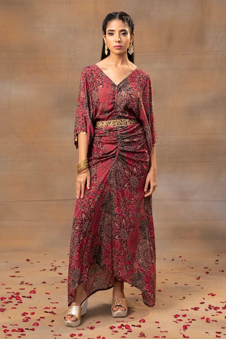 Mehak Murpana Pink Crepe Printed Abstract V-neck Floral Flared Dress With Belt