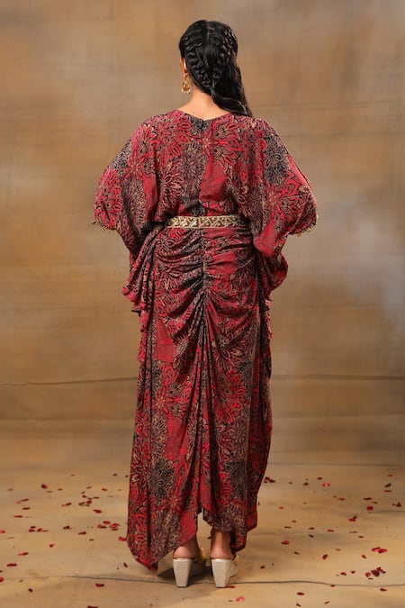 Shop_Mehak Murpana_Pink Crepe Embroidery V-neck Floral Print Flared Dress With Belt _at_Aza_Fashions