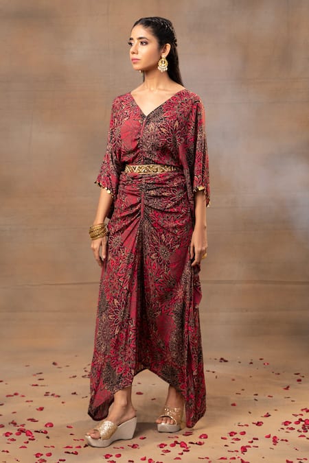 Mehak Murpana_Pink Crepe Embroidery V-neck Floral Print Flared Dress With Belt _Online_at_Aza_Fashions