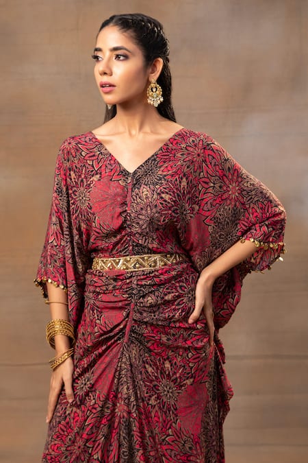 Buy_Mehak Murpana_Pink Crepe Embroidery V-neck Floral Print Flared Dress With Belt _Online_at_Aza_Fashions