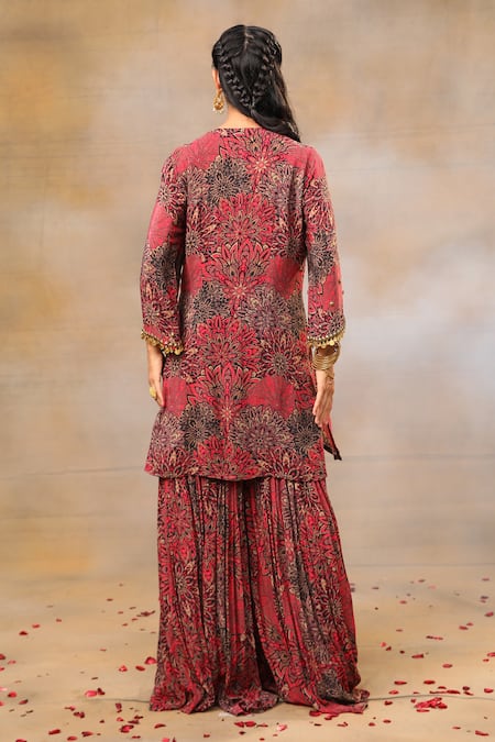 Shop_Mehak Murpana_Pink Crepe Beads, Tassels, Embroidery Round Blossom Print Kurta With Sharara _at_Aza_Fashions