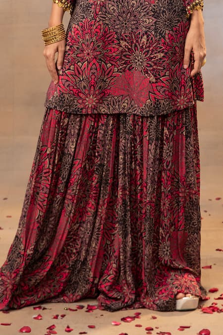 Mehak Murpana Pink Crepe Beads, Tassels, Embroidery Round Blossom Print Kurta With Sharara Online at Aza Fashions Mehak Murpana_Pink Crepe Beads, Tassels, Embroidery Round Blossom Print Kurta With Sharara _Online_at_Aza_Fashions