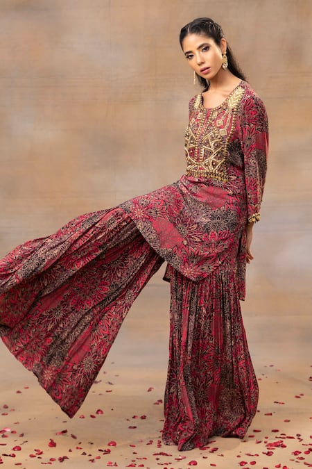 Buy Mehak Murpana Pink Crepe Beads, Tassels, Embroidery Round Blossom Print Kurta With Sharara Online at Aza Fashions Buy_Mehak Murpana_Pink Crepe Beads, Tassels, Embroidery Round Blossom Print Kurta With Sharara _Online_at_Aza_Fashions