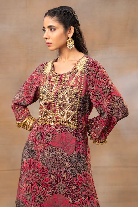 Shop Mehak Murpana Pink Crepe Beads, Tassels, Embroidery Round Blossom Print Kurta With Sharara Online at Aza Fashions Shop_Mehak Murpana_Pink Crepe Beads, Tassels, Embroidery Round Blossom Print Kurta With Sharara _Online_at_Aza_Fashions