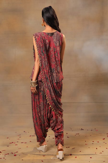 Shop_Mehak Murpana_Pink Crepe Beads, Tassels Round Neck Botanical Print Top Dhoti Pant Set _at_Aza_Fashions