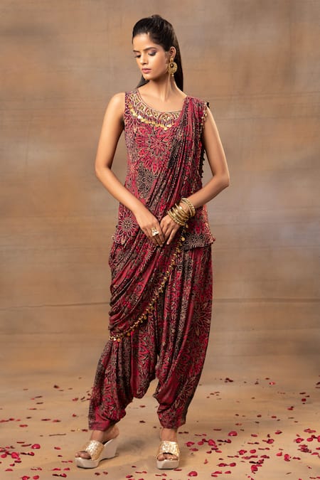 Mehak Murpana Pink Crepe Beads, Tassels Round Neck Botanical Print Top Dhoti Pant Set Online at Aza Fashions Mehak Murpana_Pink Crepe Beads, Tassels Round Neck Botanical Print Top Dhoti Pant Set _Online_at_Aza_Fashions