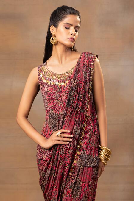 Buy Mehak Murpana Pink Crepe Beads, Tassels Round Neck Botanical Print Top Dhoti Pant Set Online at Aza Fashions Buy_Mehak Murpana_Pink Crepe Beads, Tassels Round Neck Botanical Print Top Dhoti Pant Set _Online_at_Aza_Fashions