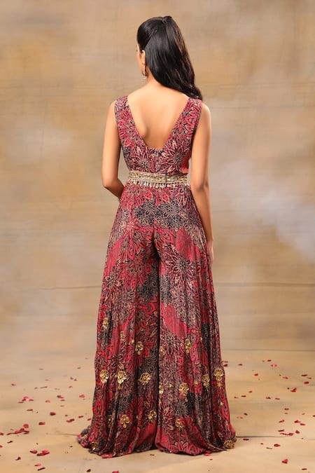 Shop_Mehak Murpana_Pink Crepe Beads, Tassels V-neck Flower Print Jumpsuit With Belt _at_Aza_Fashions