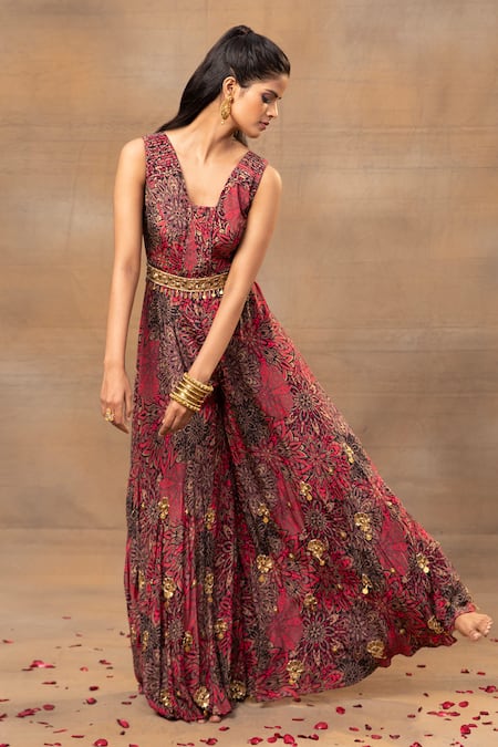 Mehak Murpana Pink Crepe Beads, Tassels V-neck Flower Print Jumpsuit With Belt Online at Aza Fashions Mehak Murpana_Pink Crepe Beads, Tassels V-neck Flower Print Jumpsuit With Belt _Online_at_Aza_Fashions