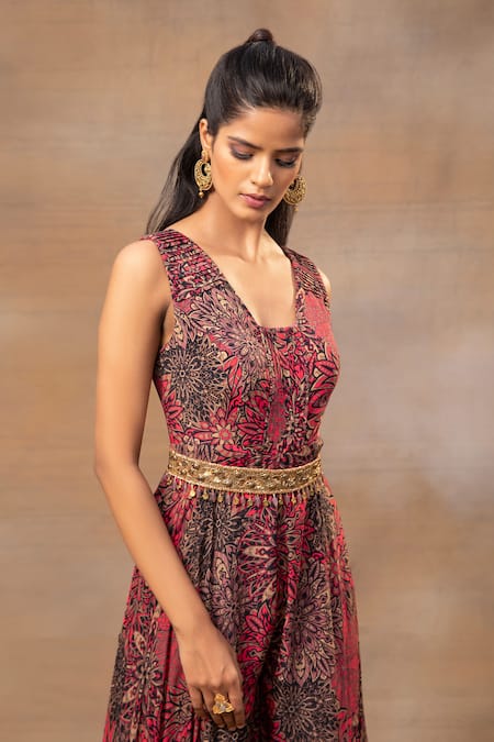 Buy Mehak Murpana Pink Crepe Beads, Tassels V-neck Flower Print Jumpsuit With Belt Online at Aza Fashions Buy_Mehak Murpana_Pink Crepe Beads, Tassels V-neck Flower Print Jumpsuit With Belt _Online_at_Aza_Fashions