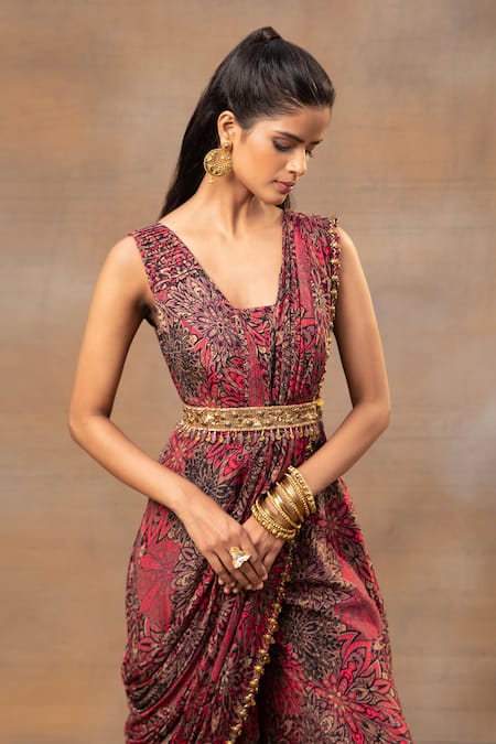 Mehak Murpana Pink Crepe Tassels, Beads V-neck Blossom Floral Print Jumpsuit With Drape Online at Aza Fashions Mehak Murpana_Pink Crepe Tassels, Beads V-neck Blossom Floral Print Jumpsuit With Drape _Online_at_Aza_Fashions
