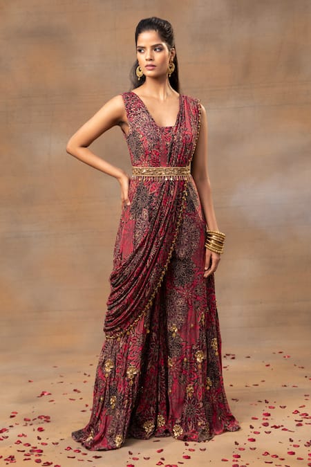 Buy Mehak Murpana Pink Crepe Tassels, Beads V-neck Blossom Floral Print Jumpsuit With Drape Online at Aza Fashions Buy_Mehak Murpana_Pink Crepe Tassels, Beads V-neck Blossom Floral Print Jumpsuit With Drape _Online_at_Aza_Fashions