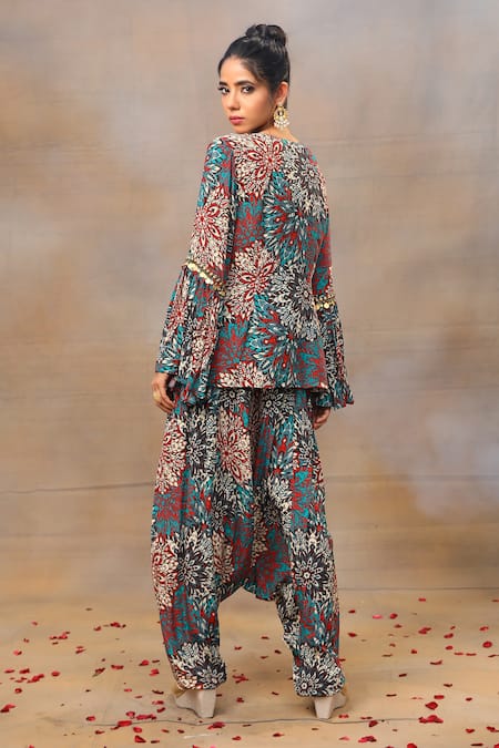 Shop_Mehak Murpana_Green Crepe Beads, Tassels V-neck Sequin Embellished Bodice Top With Dhoti Pant _at_Aza_Fashions