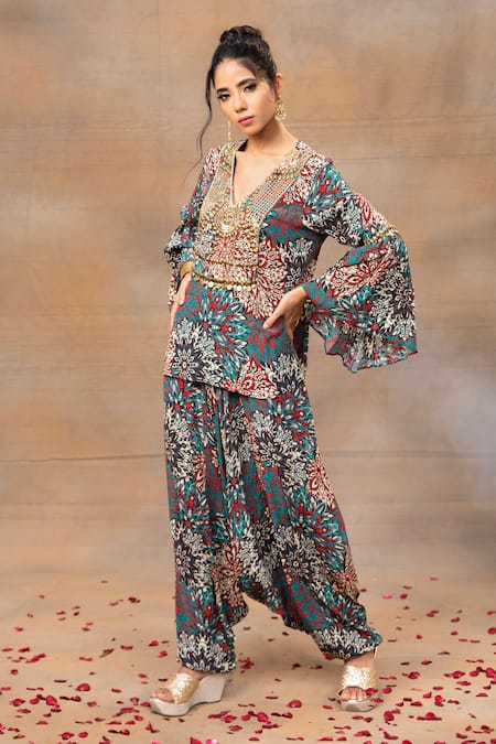 Buy Mehak Murpana Green Crepe Beads, Tassels V-neck Sequin Embellished Bodice Top With Dhoti Pant Online at Aza Fashions Buy_Mehak Murpana_Green Crepe Beads, Tassels V-neck Sequin Embellished Bodice Top With Dhoti Pant _Online_at_Aza_Fashions