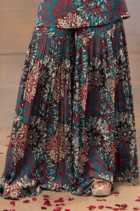 Buy_Mehak Murpana_Green Crepe Beads, Tassels, Embroidery Round Floral Print Kurta And Sharara Set _Online_at_Aza_Fashions