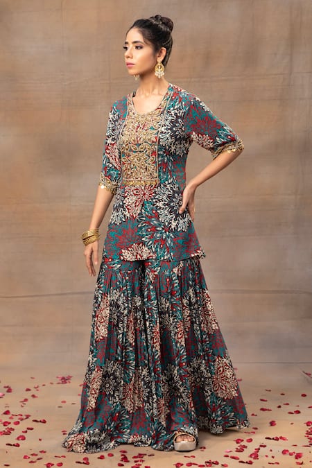 Shop_Mehak Murpana_Green Crepe Beads, Tassels, Embroidery Round Floral Print Kurta And Sharara Set _Online_at_Aza_Fashions