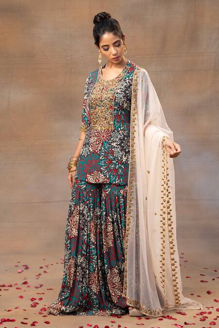 Mehak Murpana_Green Crepe, Organza Beads, Cut Work Round Neck Floral Print Kurta Sharara Set _Online_at_Aza_Fashions