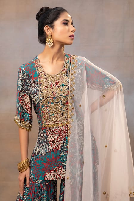 Buy_Mehak Murpana_Green Crepe, Organza Beads, Cut Work Round Neck Floral Print Kurta Sharara Set _Online_at_Aza_Fashions