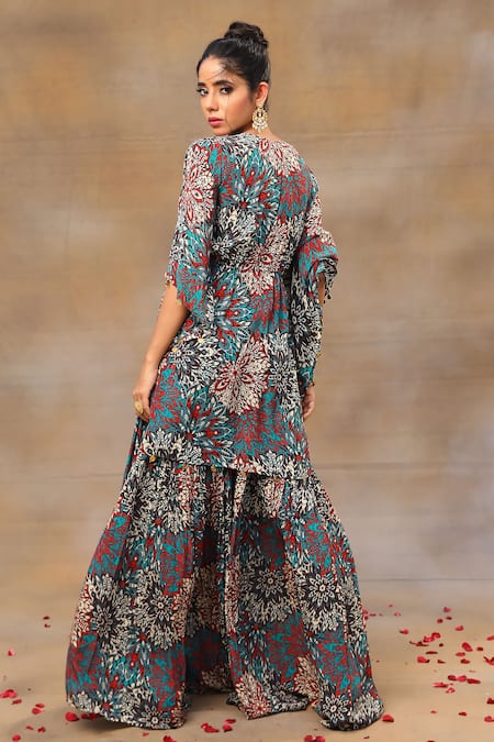 Shop_Mehak Murpana_Green Crepe Beads, Tassels V-neck Floral Print Kaftan And Sharara Set _at_Aza_Fashions