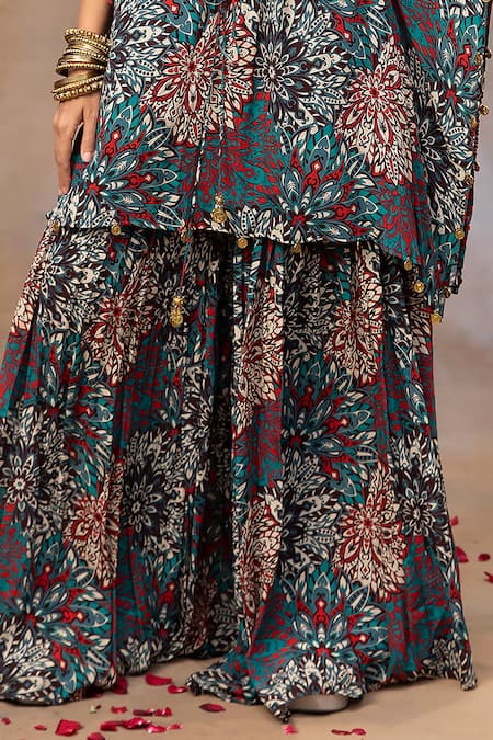 Mehak Murpana Green Crepe Beads, Tassels V-neck Floral Print Kaftan And Sharara Set Online at Aza Fashions Mehak Murpana_Green Crepe Beads, Tassels V-neck Floral Print Kaftan And Sharara Set _Online_at_Aza_Fashions