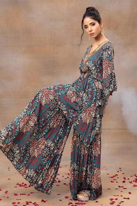 Buy Mehak Murpana Green Crepe Beads, Tassels V-neck Floral Print Kaftan And Sharara Set Online at Aza Fashions Buy_Mehak Murpana_Green Crepe Beads, Tassels V-neck Floral Print Kaftan And Sharara Set _Online_at_Aza_Fashions