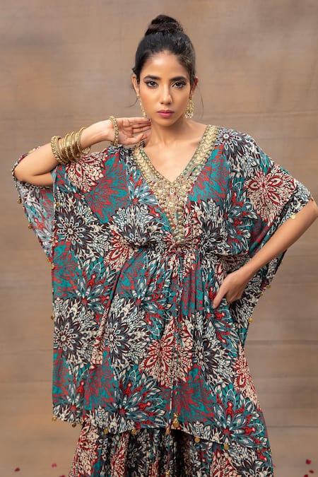 Shop Mehak Murpana Green Crepe Beads, Tassels V-neck Floral Print Kaftan And Sharara Set Online at Aza Fashions Shop_Mehak Murpana_Green Crepe Beads, Tassels V-neck Floral Print Kaftan And Sharara Set _Online_at_Aza_Fashions