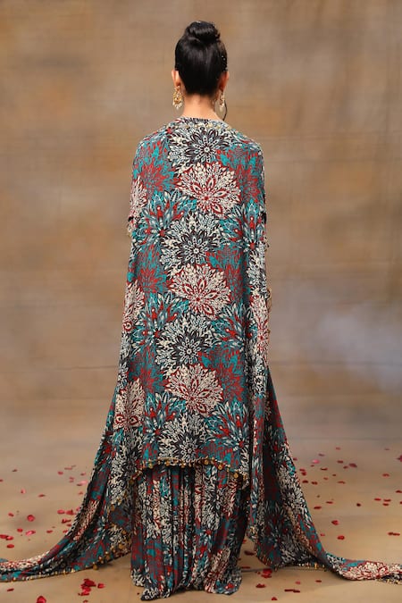 Mehak Murpana_Green Crepe Beads, Embroidery, Tassels Round Neck Floral Print Cape Sharara Set _Online_at_Aza_Fashions