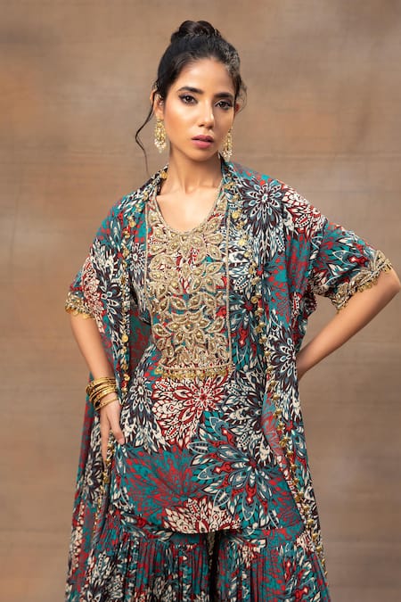 Buy Mehak Murpana Green Crepe Beads, Embroidery, Tassels Round Neck Floral Print Cape Sharara Set Online at Aza Fashions Buy_Mehak Murpana_Green Crepe Beads, Embroidery, Tassels Round Neck Floral Print Cape Sharara Set _Online_at_Aza_Fashions
